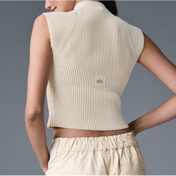 Alo Denim Knit Sleeveless Full Zip Top Oat Milk Beige Cream Sweater Knit Zipper - Picture 5 of 15